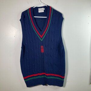 Mens Vintage Kent & Curwen V Neck Cable Knit Sweater Vest Navy Red Green L Cotto